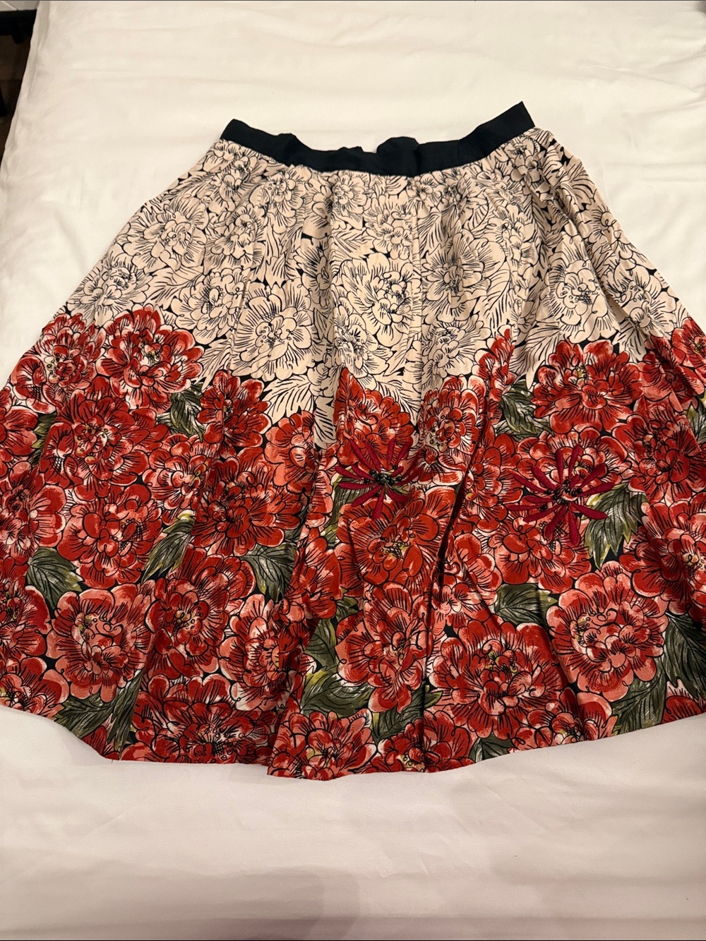 Red Floral Circle Skirt with Cream Background